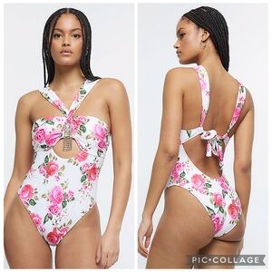 River Island Floral Cut Out One Piece Swimsuit White Pink 12
